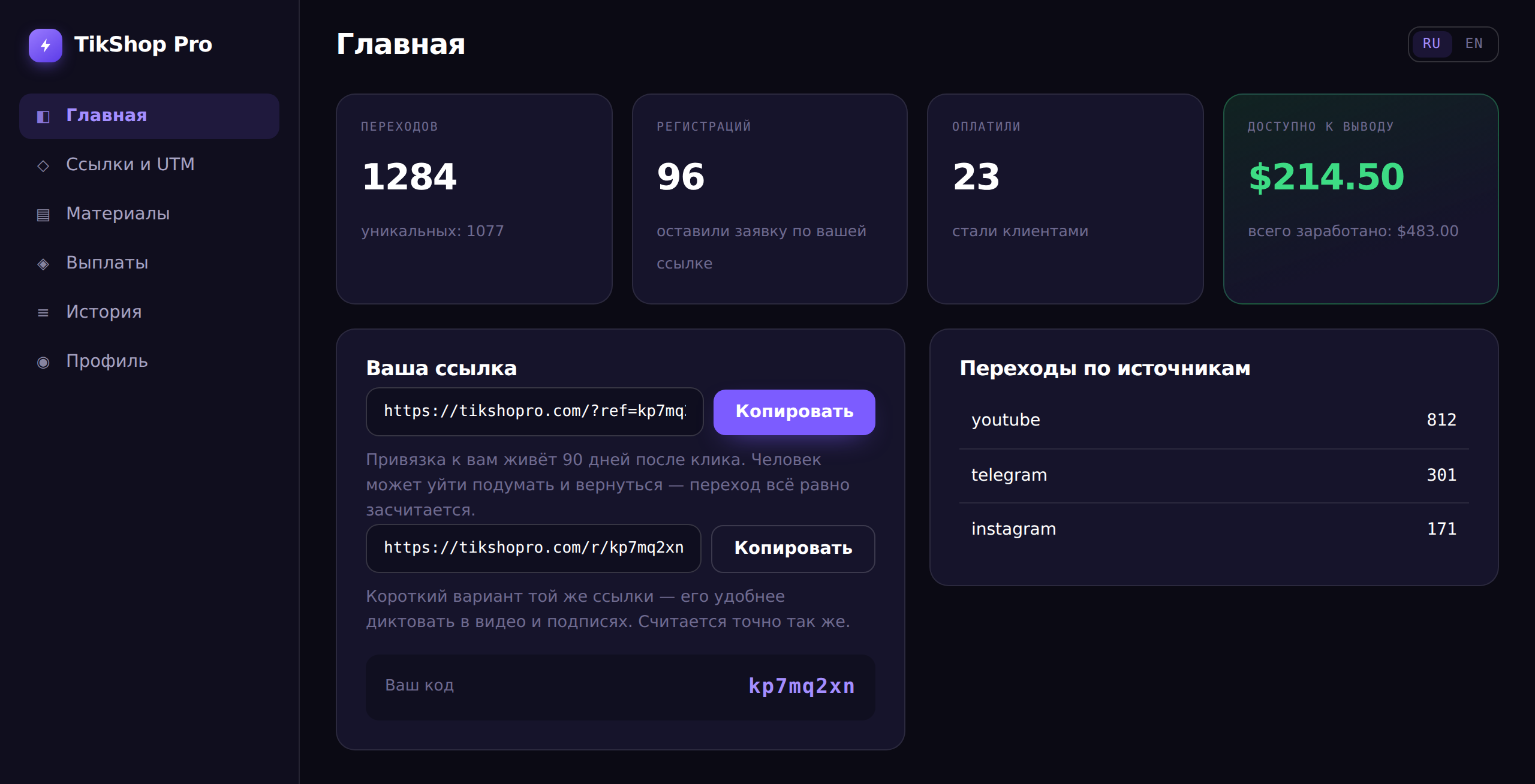 Главная кабинета: переходы, регистрации, оплаты и баланс