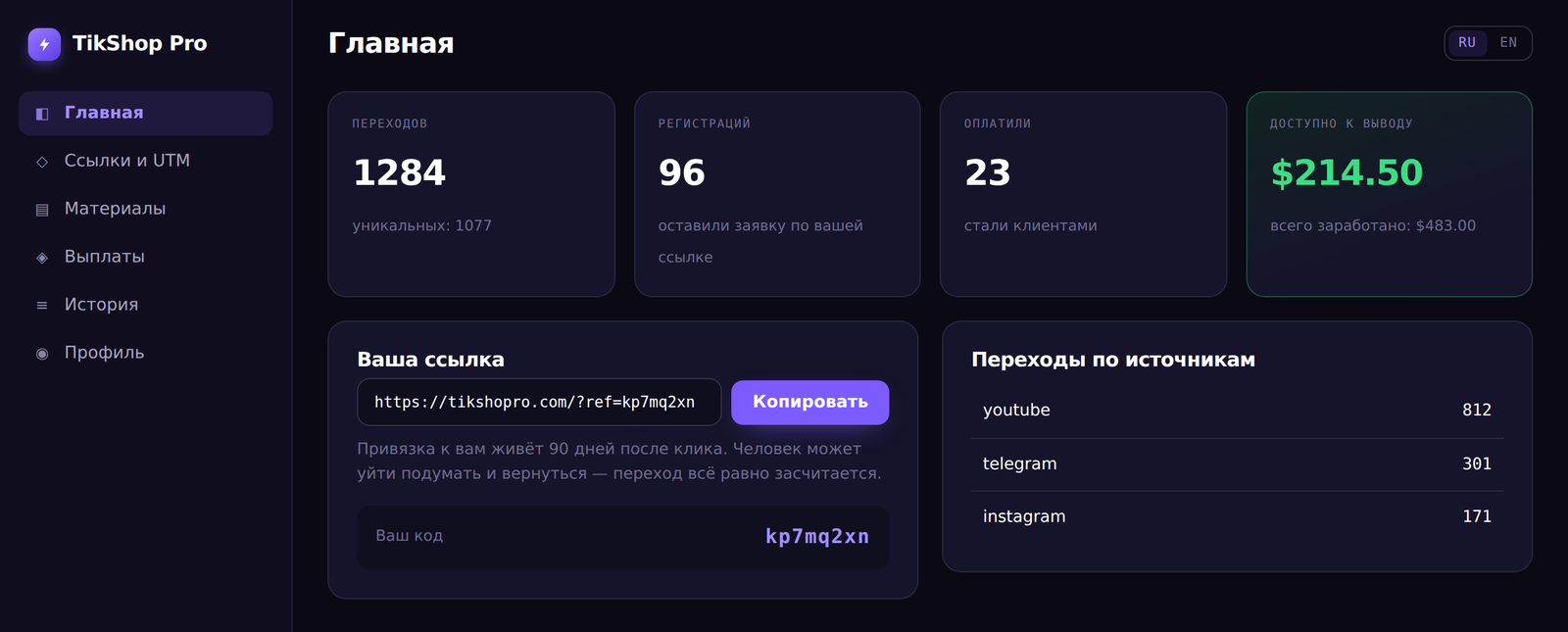 Dashboard home: clicks, signups, payments and balance